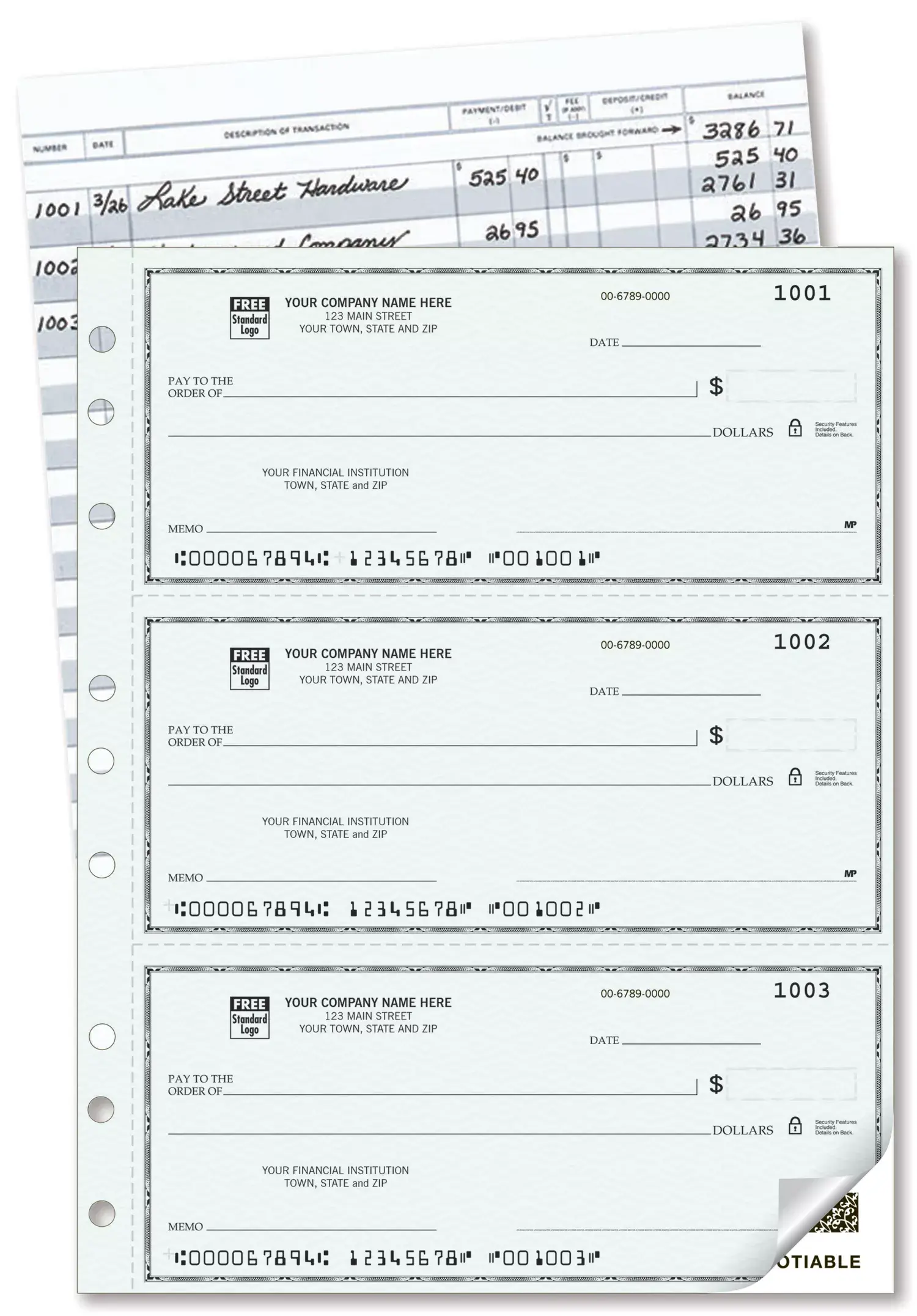 Duplicate 3-Per-Page Checks with Registers, Custom Printed
