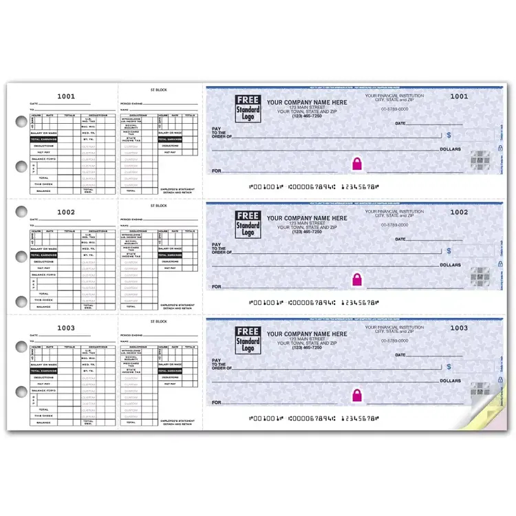 Highly Secure 3-To-A-Page Payroll Checks with Deductions Stubs