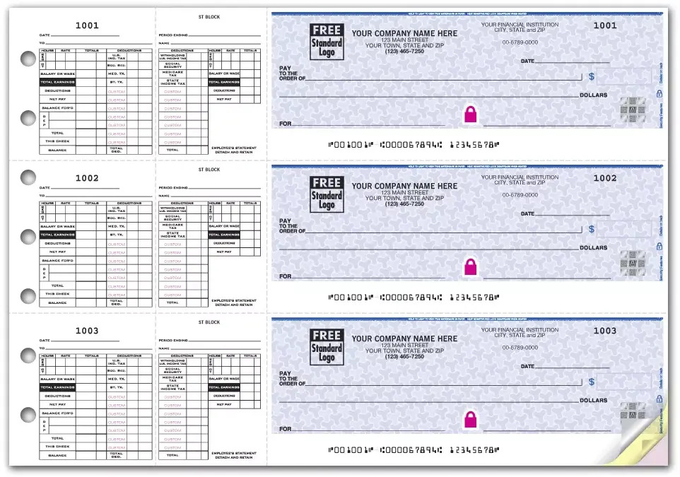 Highly Secure 3-To-A-Page Payroll Checks with Deductions Stubs