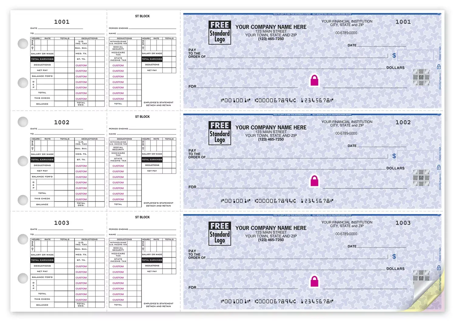 Highly Secure 3-To-A-Page Payroll Checks with Deductions Stubs