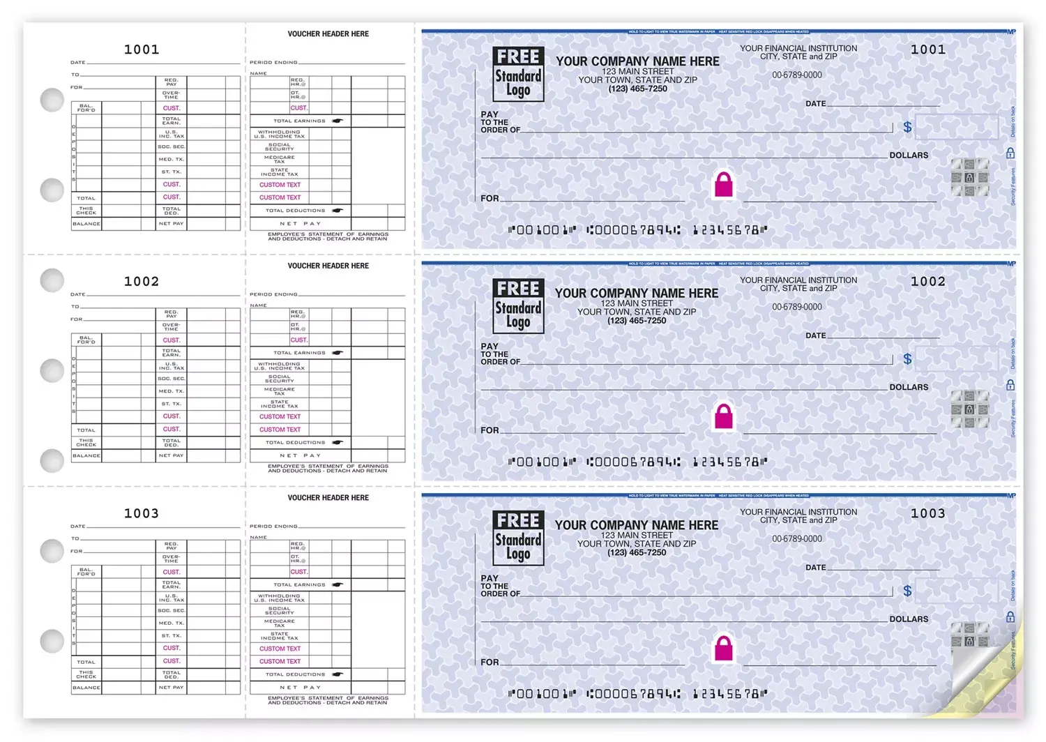 High Security 3-To-A-Page Hourly Payroll Checks - Hologram