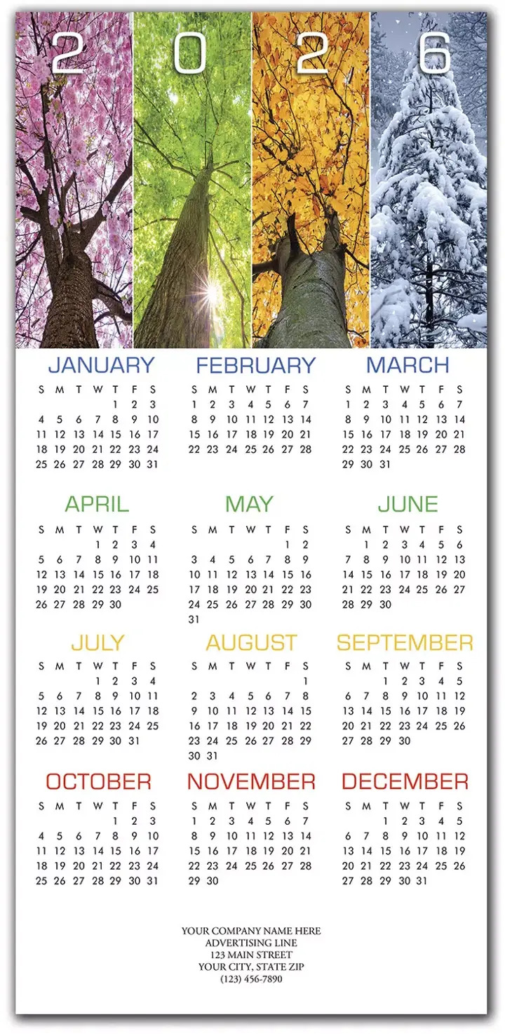 2026 holiday calendar and greeting card showing the 4 seasons