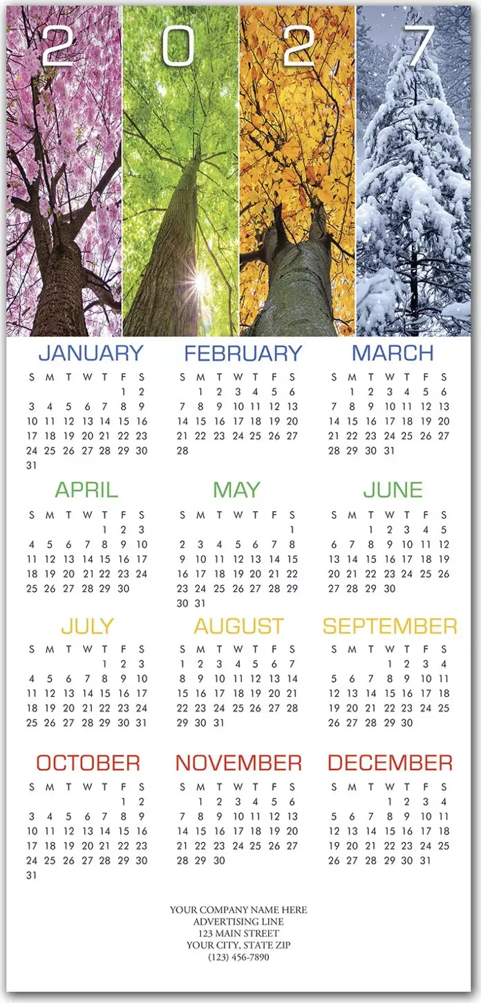 2027 holiday calendar and greeting card showing the 4 seasons