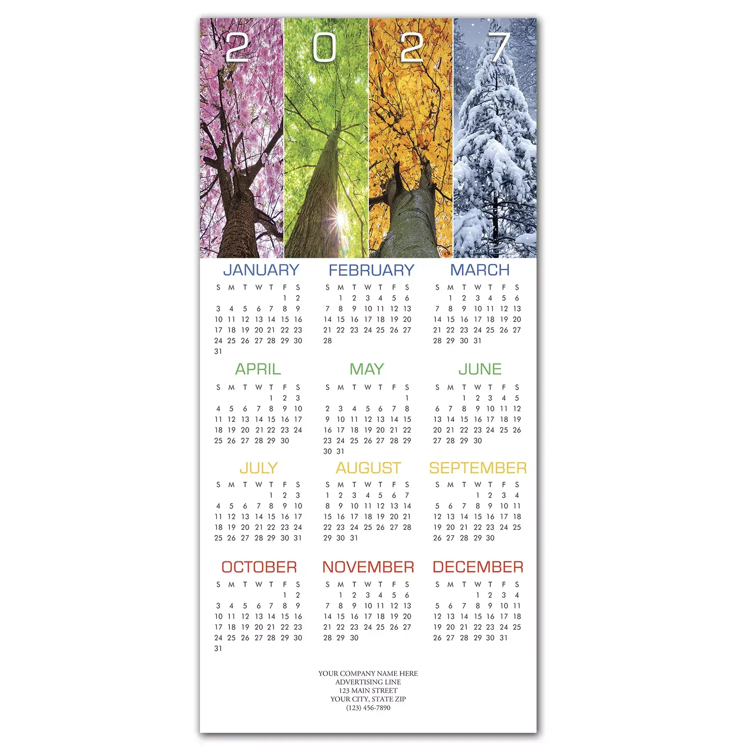 2027 holiday calendar and greeting card showing the 4 seasons