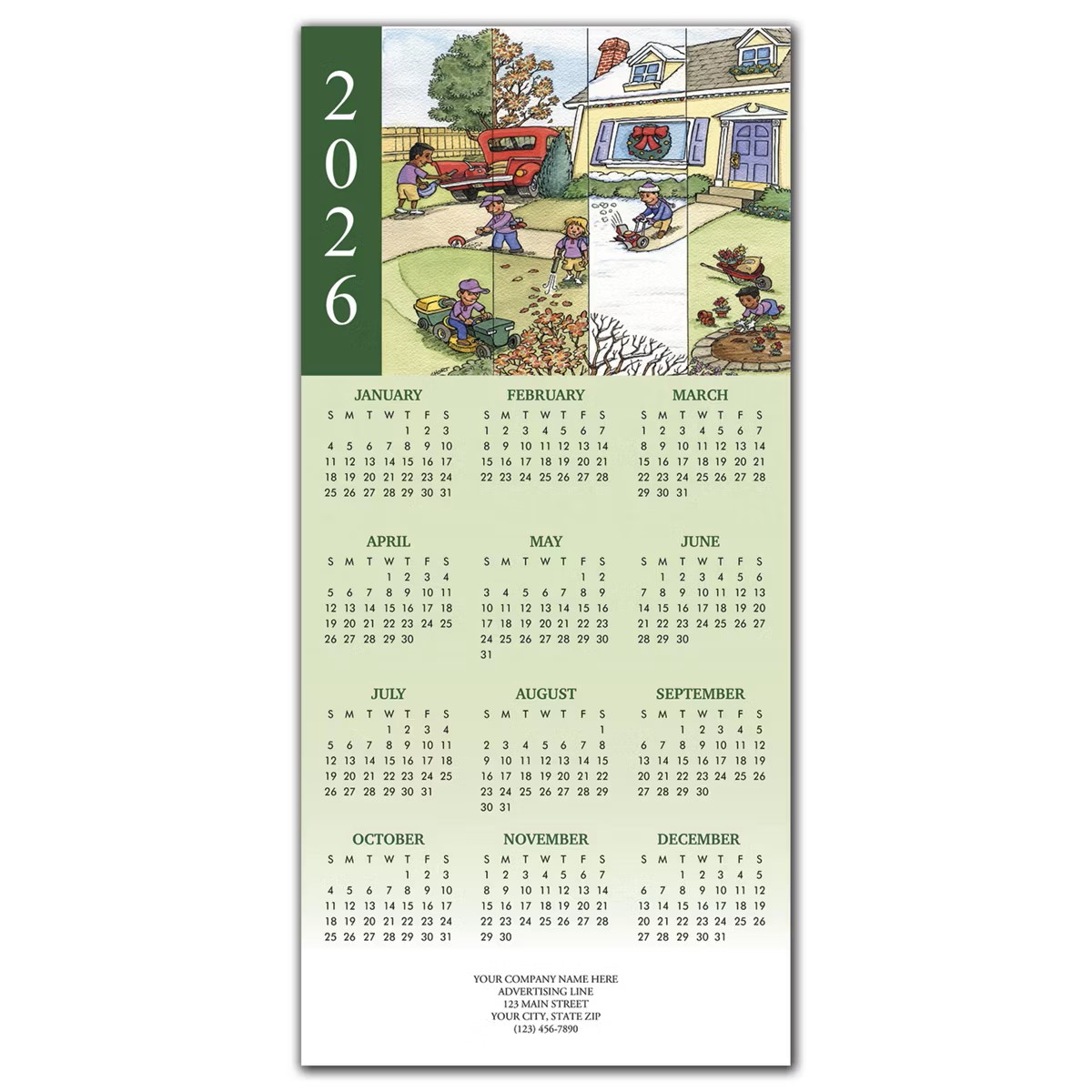 2026 holiday calendar cards with landscaping theme