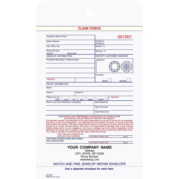 Jewelry repair envelope with claim check