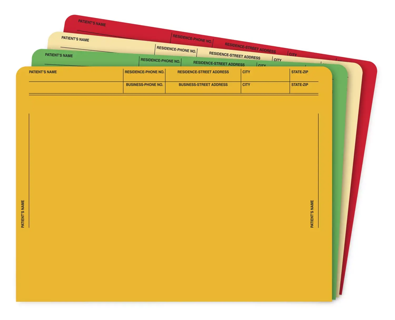 Heavy duty medical file pockets, in different colors.