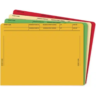 Heavy duty medical file pockets, in different colors.