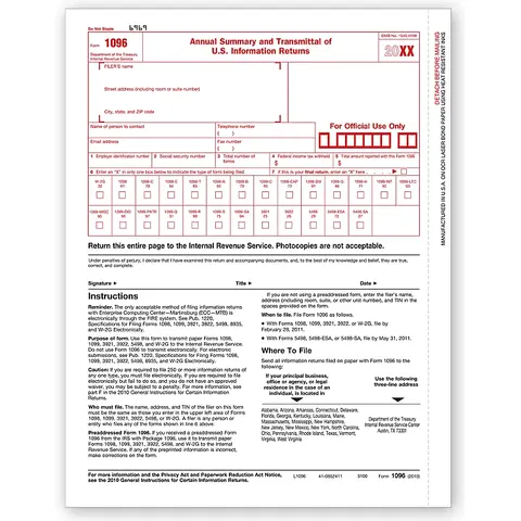 1096 Transmittal Laser Tax Form Sheets