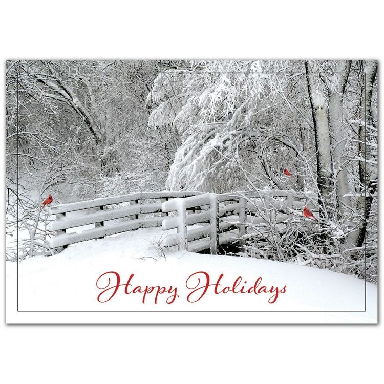Custom holiday greetings cards featuring 2 red birds on a snow-covered bridge