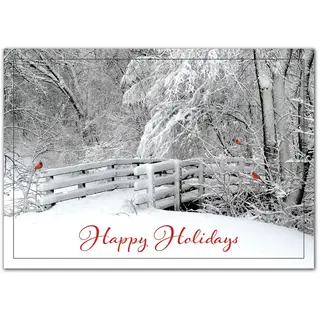 Custom holiday greetings cards featuring 2 red birds on a snow-covered bridge