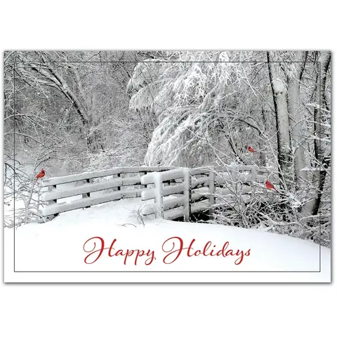 Custom holiday greetings cards featuring 2 red birds on a snow-covered bridge