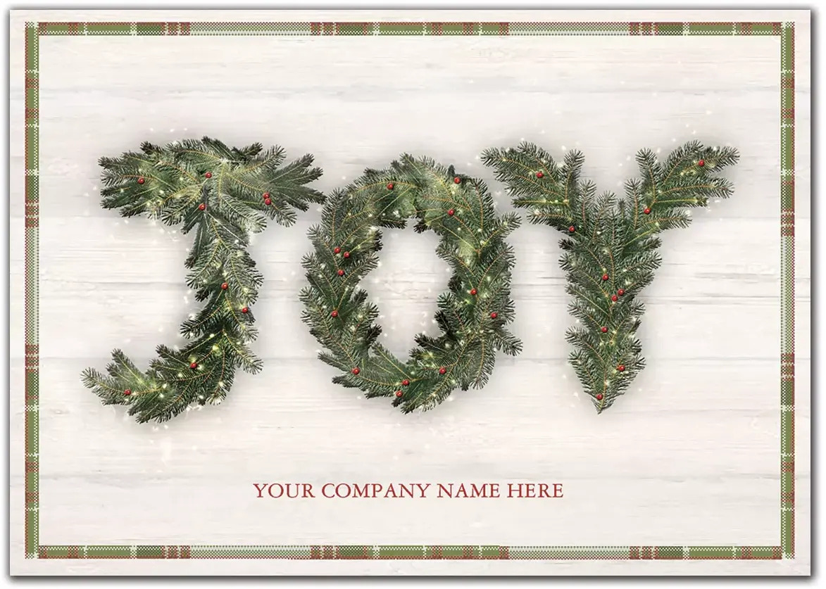 Customized Holiday Cards with JOY spelled out with pine branches