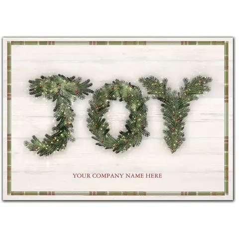 Customized Holiday Cards with JOY spelled out with pine branches