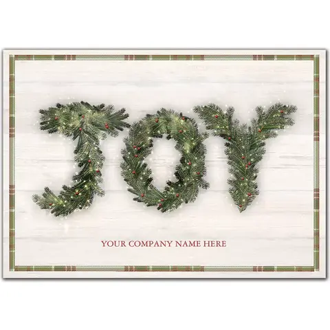 Customized Holiday Cards with JOY spelled out with pine branches