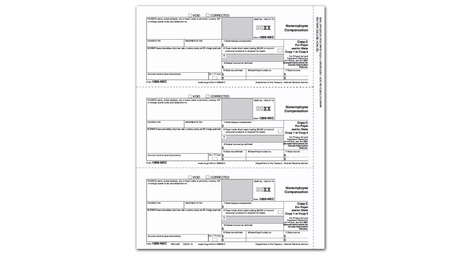 Bulk 1099-NEC Payer & State Copy C Cut Tax Forms