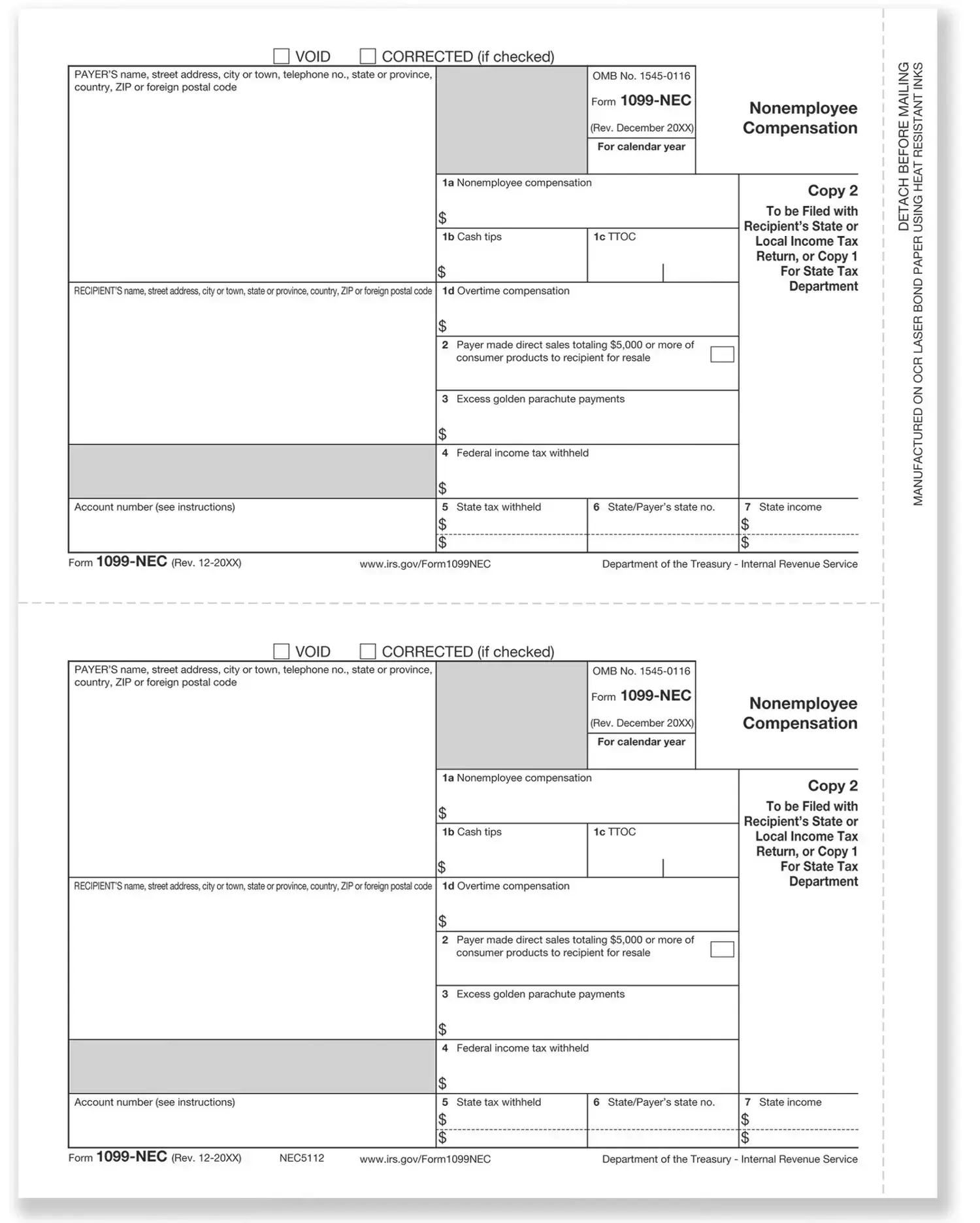 Bulk 1099-NEC Payer & State Copy C Cut Tax Forms
