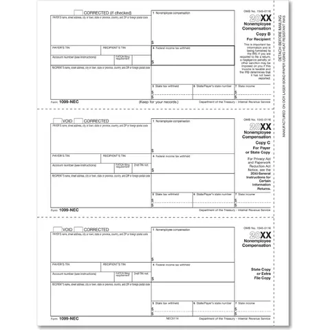 Bulk 1099-NEC Tax Forms - Recipient Copy B Payee & State, Copy C & State
