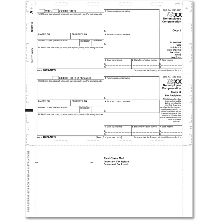 1099-NEC Tax Forms with 3-Up Horizontal Layout, Copy B+2 - Self-Mailing