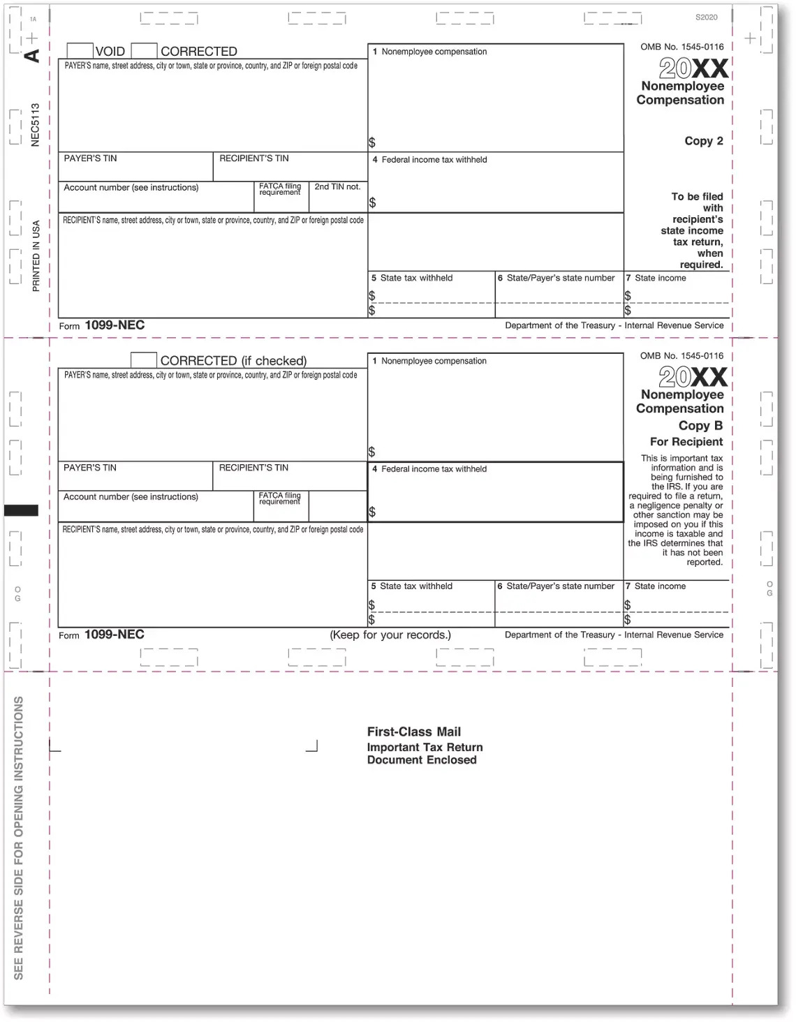 1099-NEC Tax Forms with 3-Up Horizontal Layout, Copy B+2 - Self-Mailing