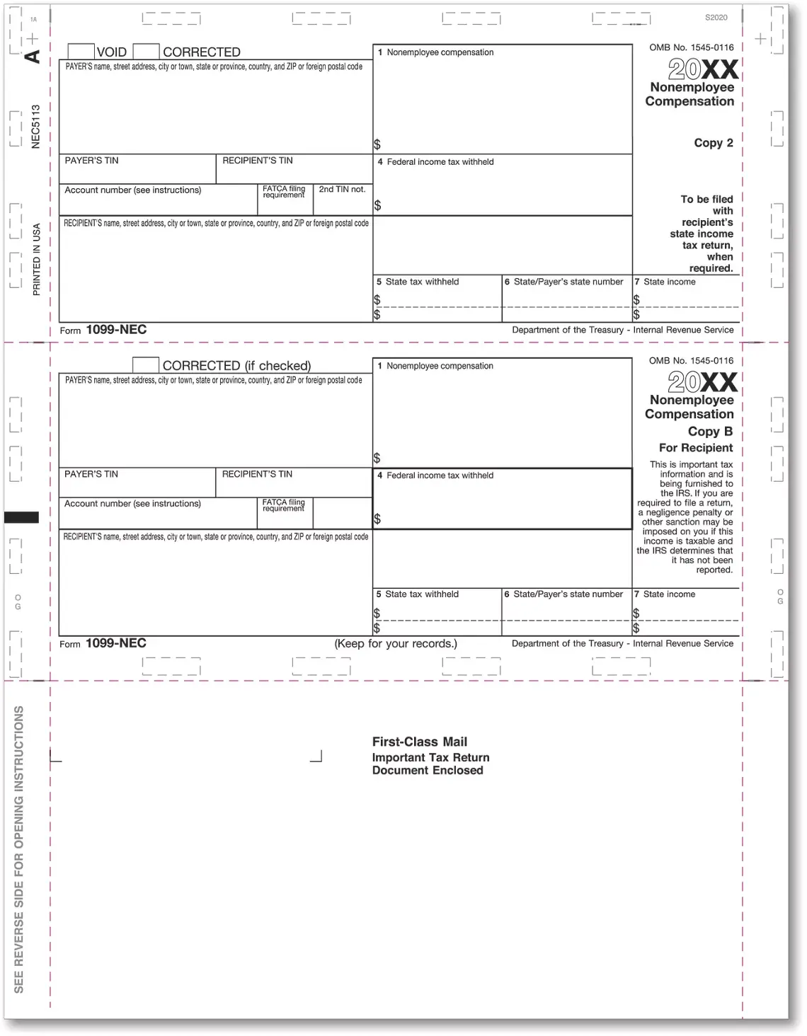 1099-NEC Tax Forms with 2-Up Horizontal Layout, Copy B+2 - Self-Mailing