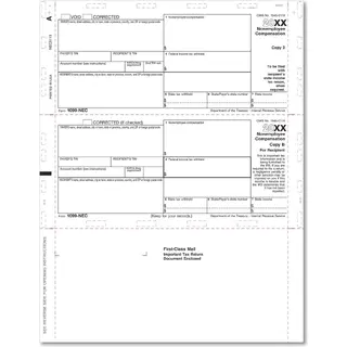 1099-NEC Tax Forms with 3-Up Horizontal Layout, Copy B+2 - Self-Mailing