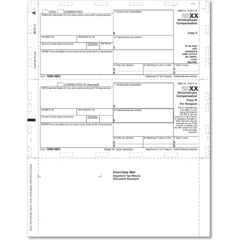 1099-NEC Tax Forms with 2-Up Horizontal Layout, Copy B+2 - Self-Mailing