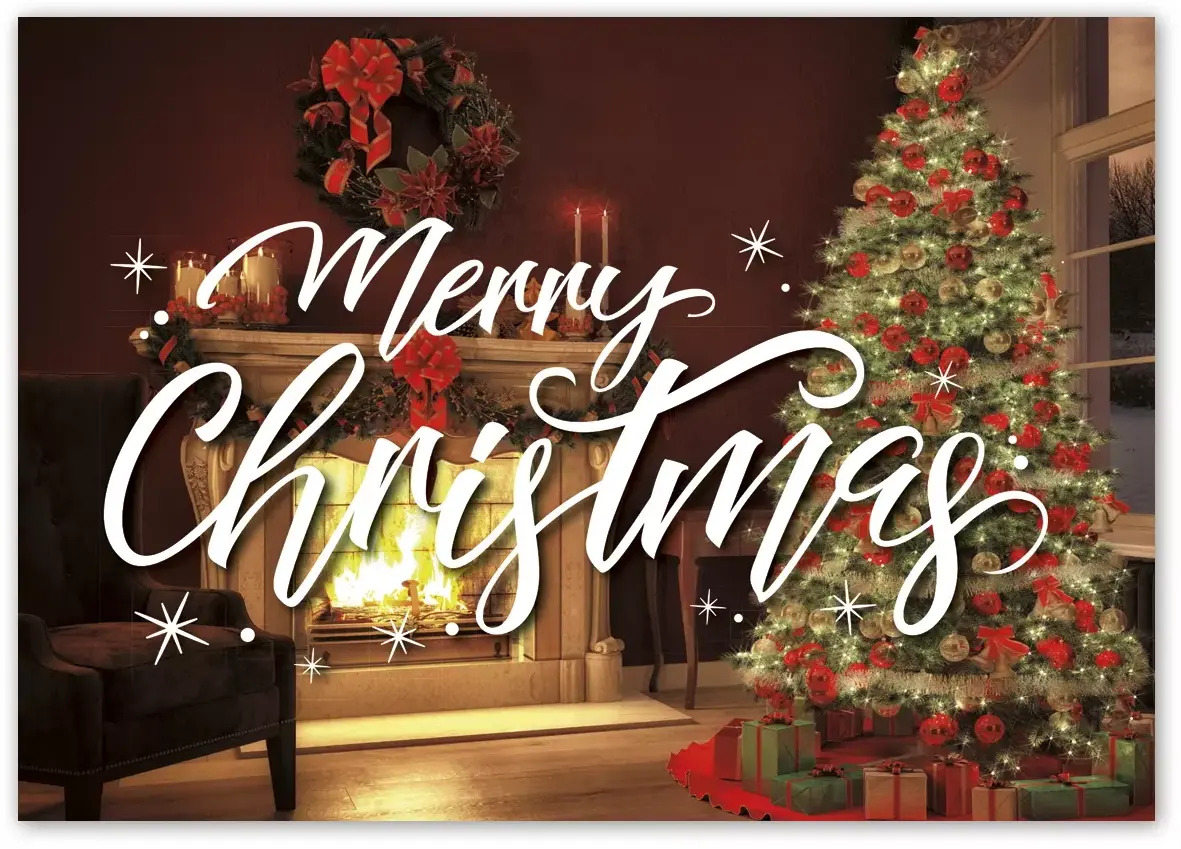 Custom Christmas Greeting Cards, Crackling Fireplace and Tree with Red Bows