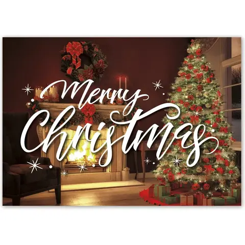 Custom Christmas Greeting Cards, Crackling Fireplace and Tree with Red Bows