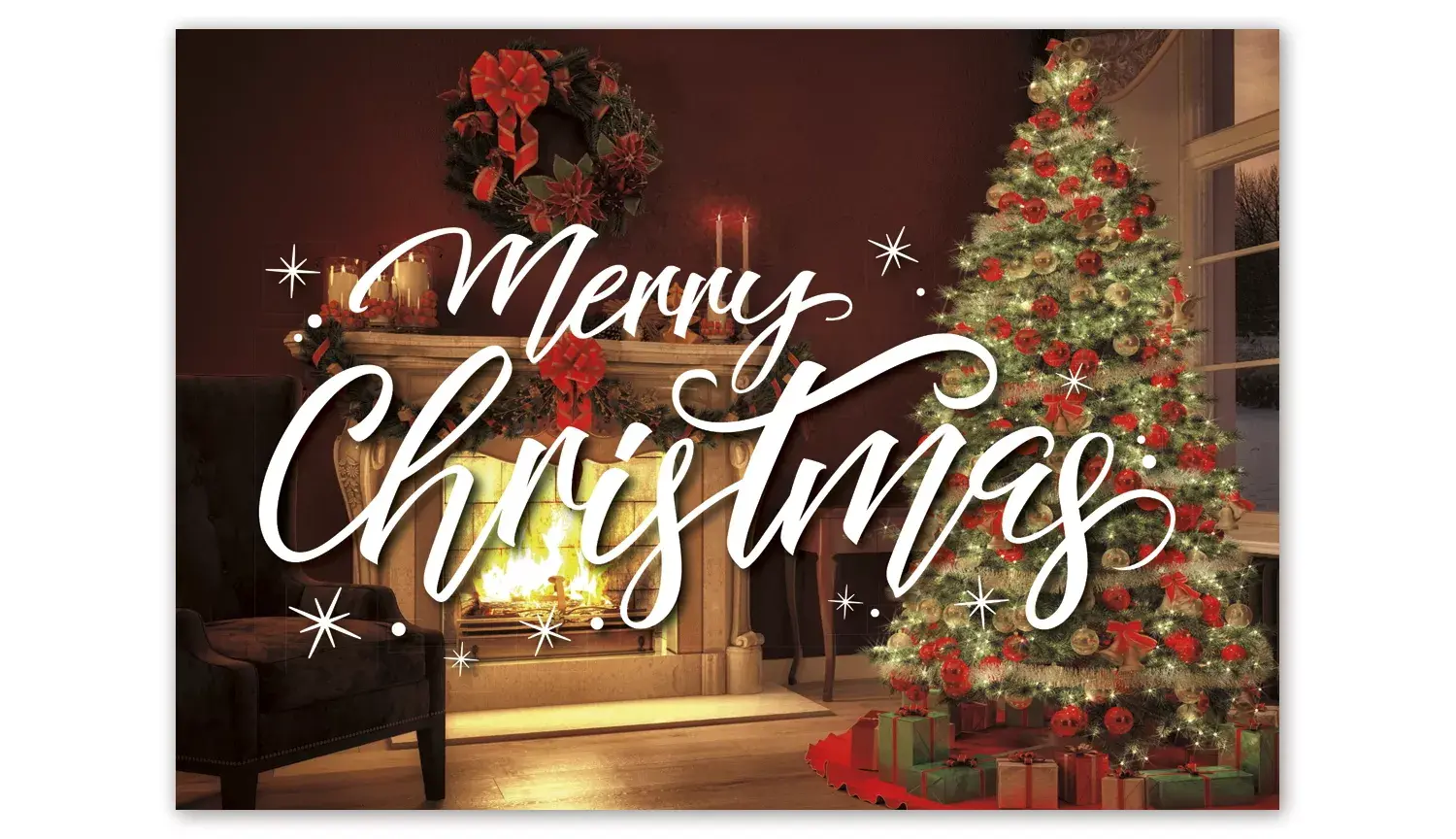 Custom Christmas Greeting Cards, Crackling Fireplace and Tree with Red Bows