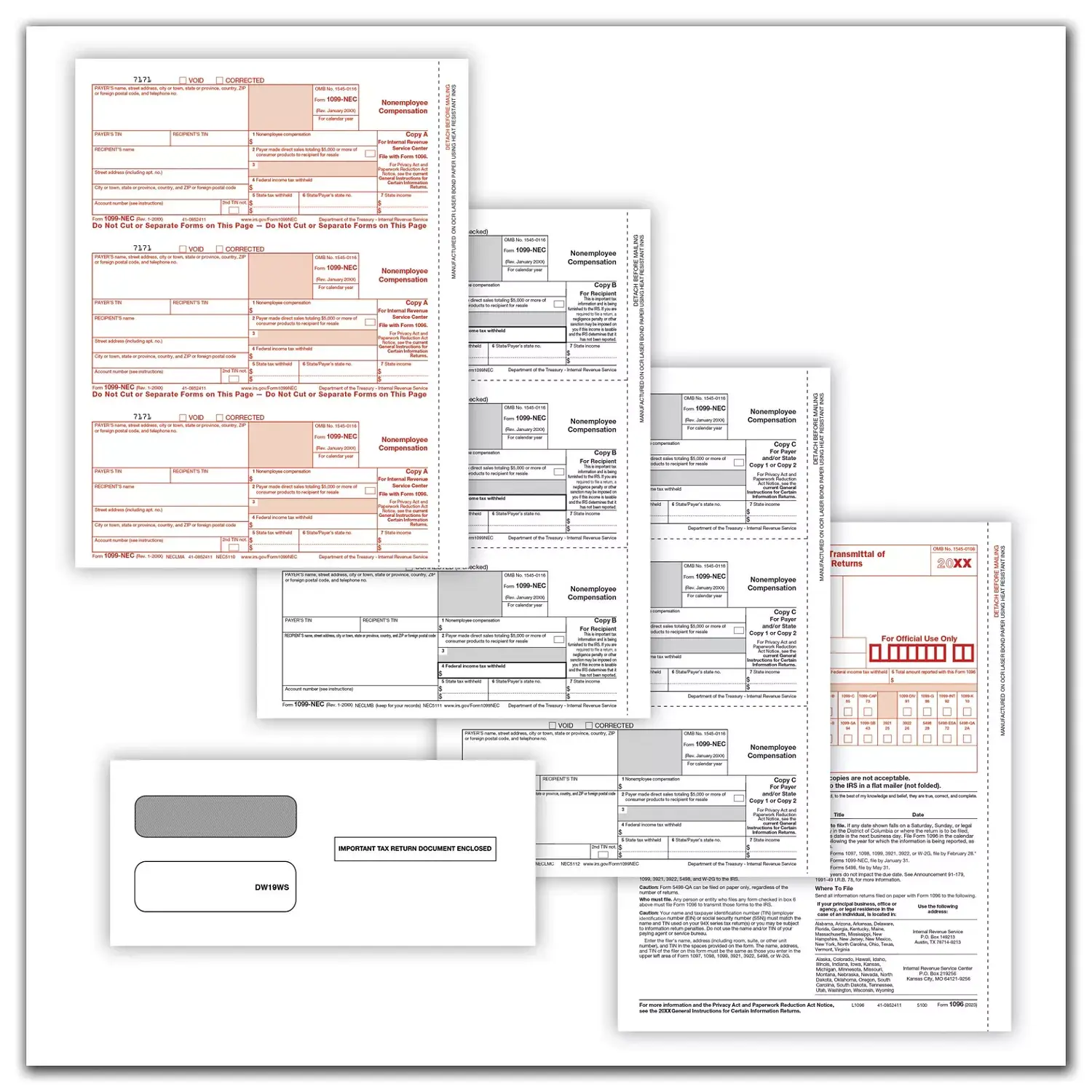 1099 NEC Tax Forms, 3-Part Format with Envelopes