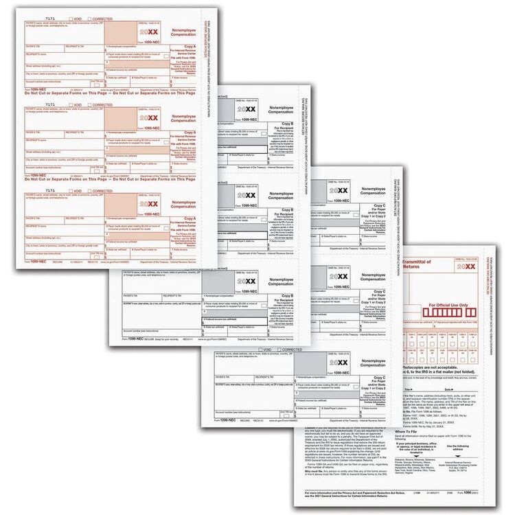 Complete 5-Part 1099-NEC laser tax form kit for reporting non-employee compensation, including 1096 Transmittals