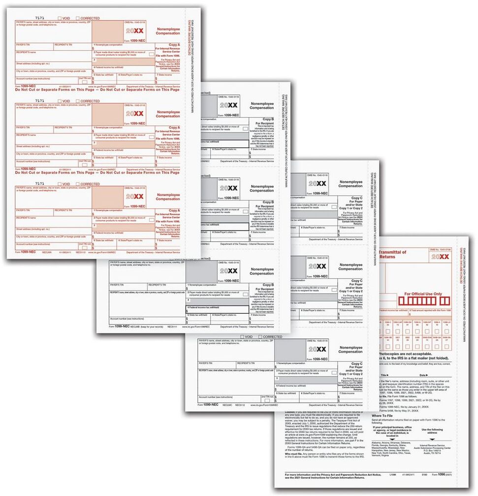 Complete 5-Part 1099-NEC laser tax form kit for reporting non-employee compensation, including 1096 Transmittals