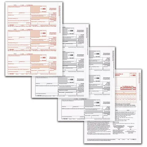 Complete 5-Part 1099-NEC laser tax form kit for reporting non-employee compensation, including 1096 Transmittals