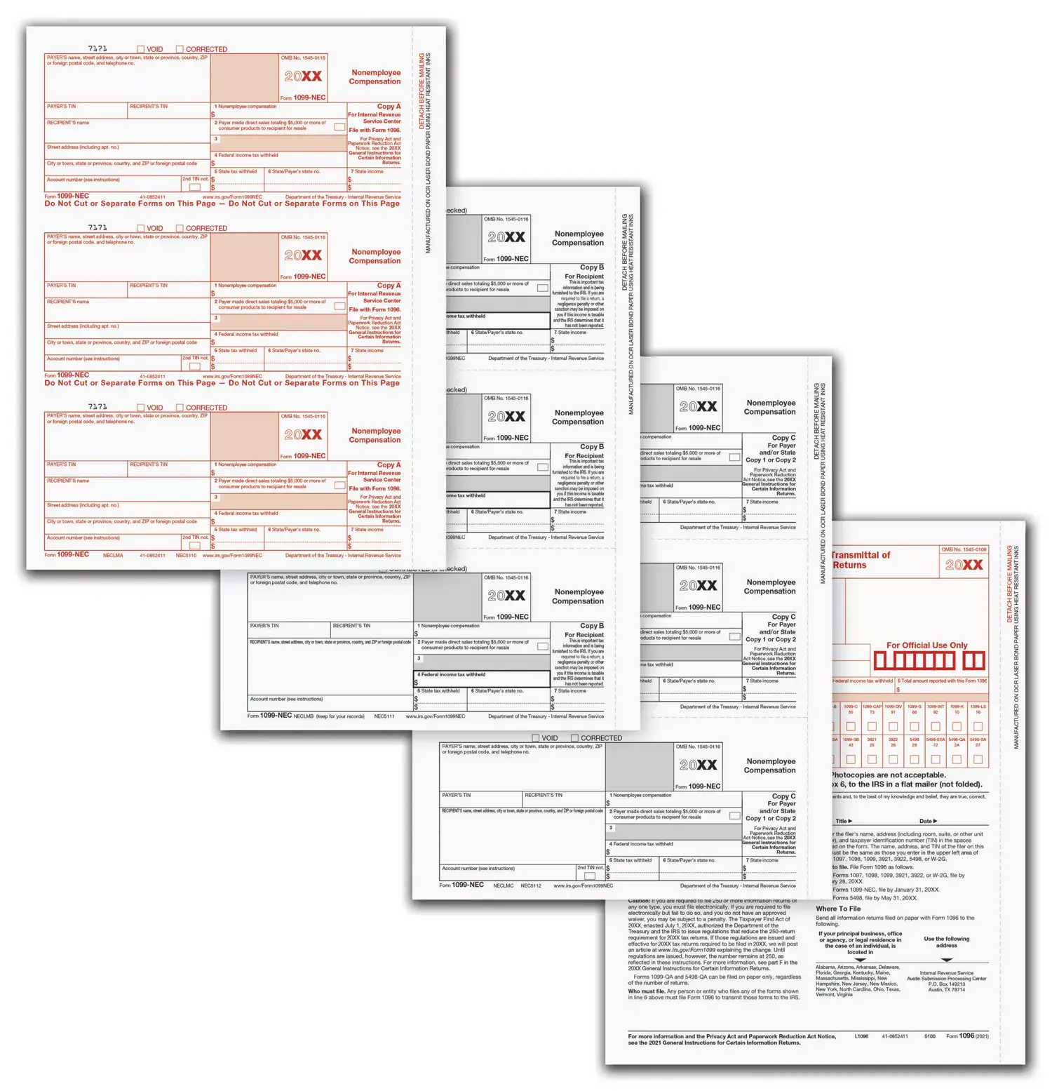 Complete 5-Part 1099-NEC laser tax form kit for reporting non-employee compensation, including 1096 Transmittals