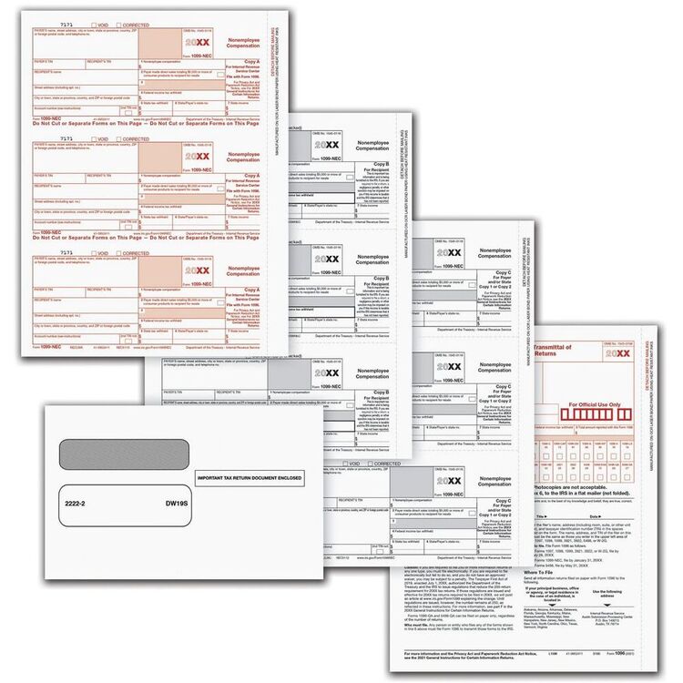 Complete 5-Part 1099-NEC laser tax forms set, 3-up format, with self-sealing double-window envelopes for mailing