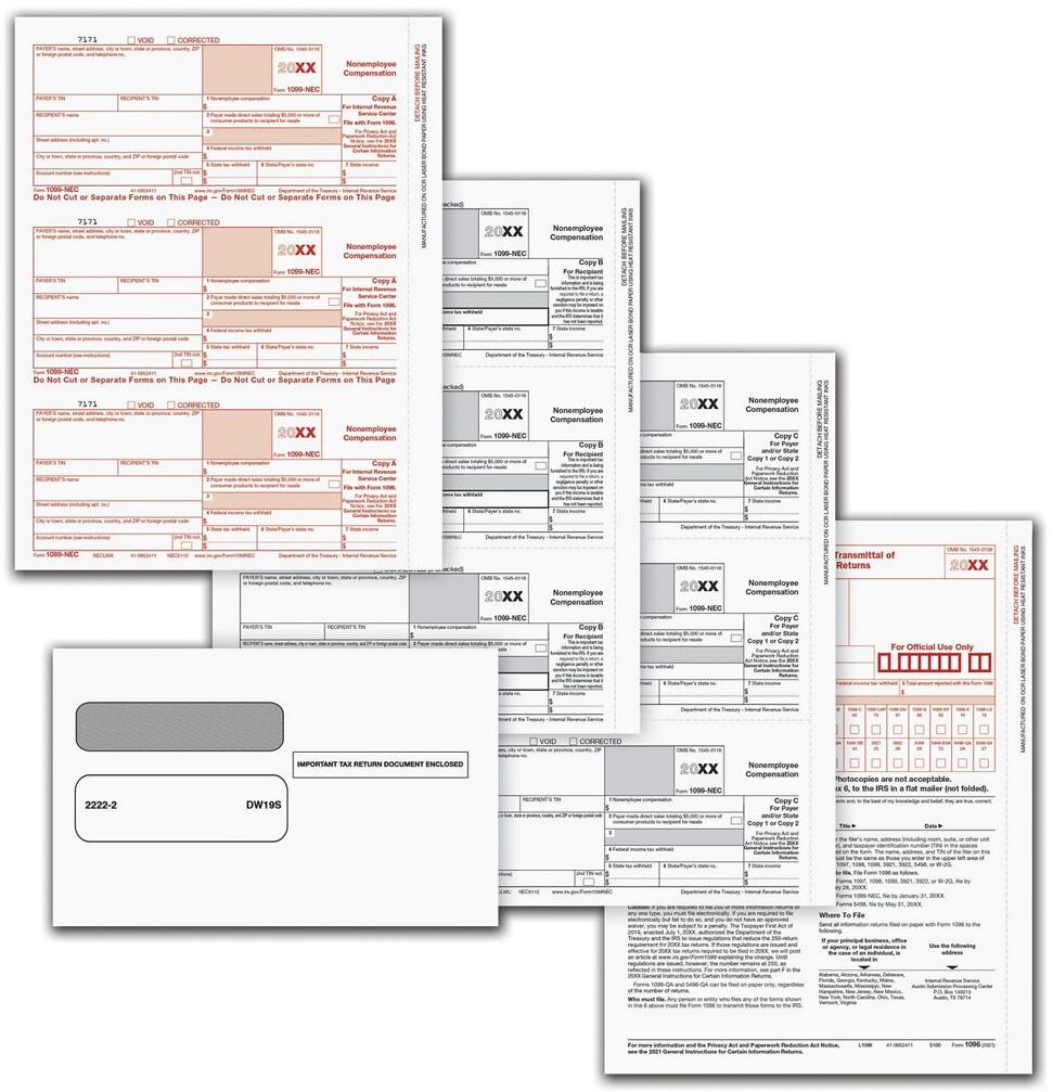 Complete 5-Part 1099-NEC laser tax forms set, 3-up format, with self-sealing double-window envelopes for mailing