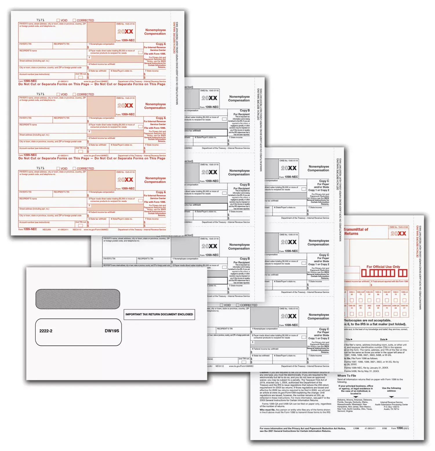 Complete 5-Part 1099-NEC laser tax forms set, 3-up format, with self-sealing double-window envelopes for mailing