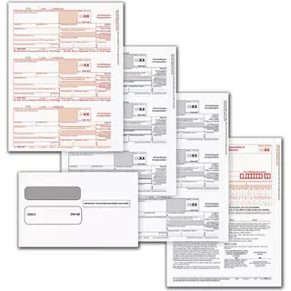 Complete 5-Part 1099-NEC laser tax forms set, 3-up format, with self-sealing double-window envelopes for mailing