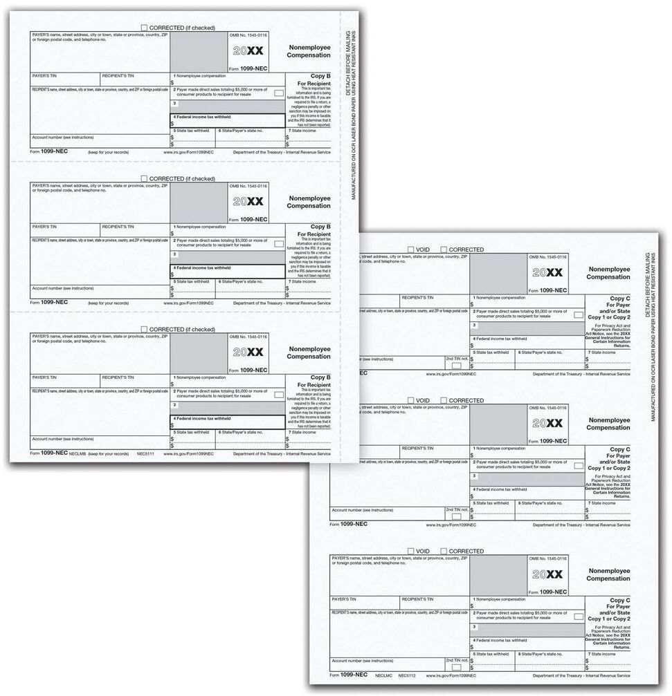 3-Part 1099-NEC laser tax forms kit, 3-up format, including Copy B and C for recipient and state filing