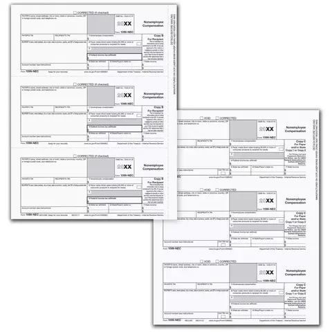3-Part 1099-NEC laser tax forms kit, 3-up format, including Copy B and C for recipient and state filing