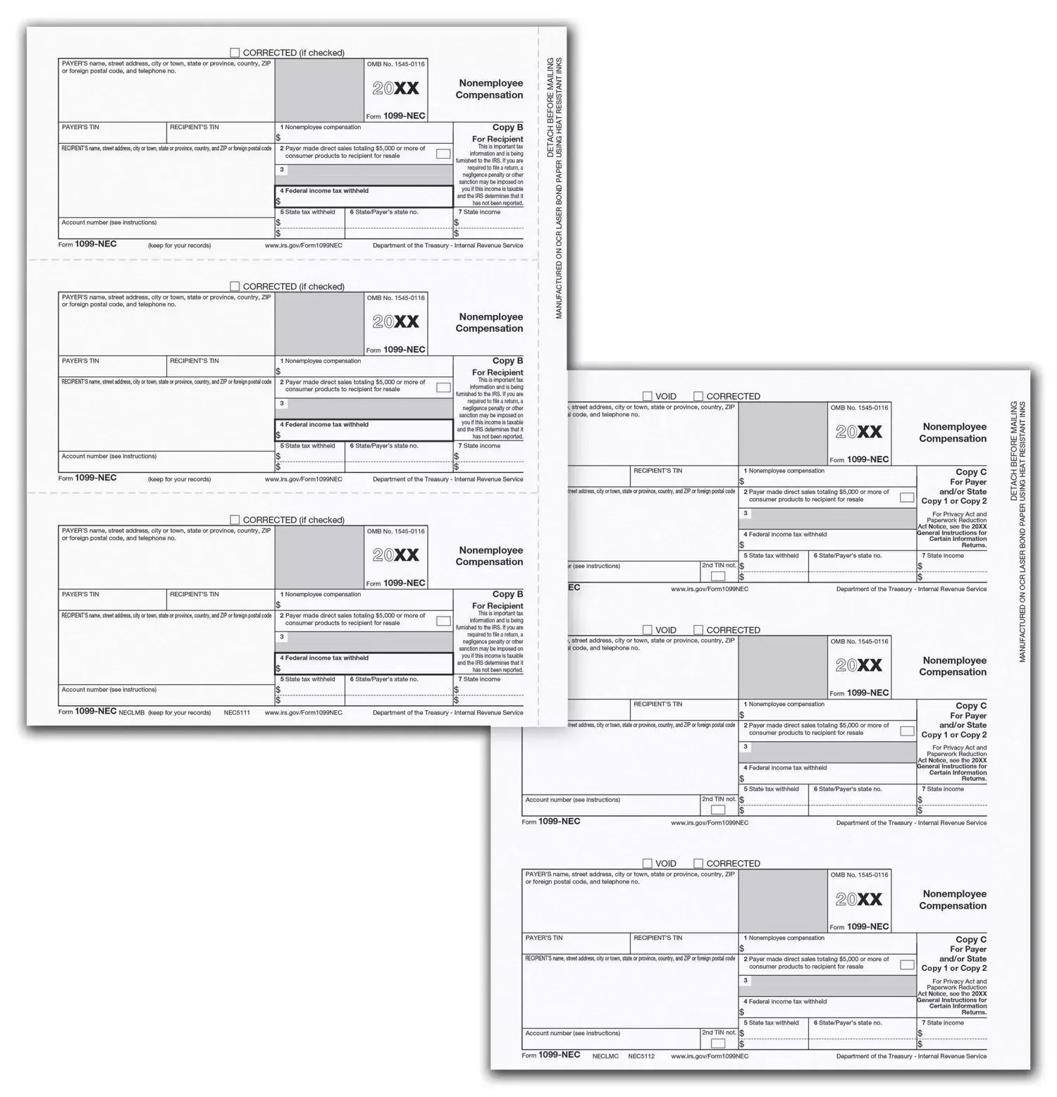 3-Part 1099-NEC laser tax forms kit, 3-up format, including Copy B and C for recipient and state filing
