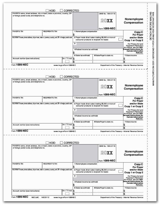 1099-NEC Copy C laser tax forms, 3-up format, for payer record or state filing, 8 1/2" x 11" sheet