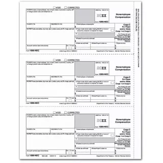 1099-NEC Copy C laser tax forms, 3-up format, for payer record or state filing, 8 1/2" x 11" sheet