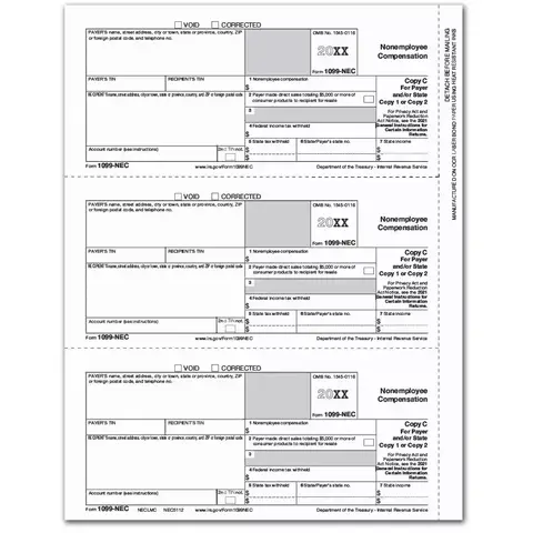 1099-NEC Copy C laser tax forms, 3-up format, for payer record or state filing, 8 1/2" x 11" sheet