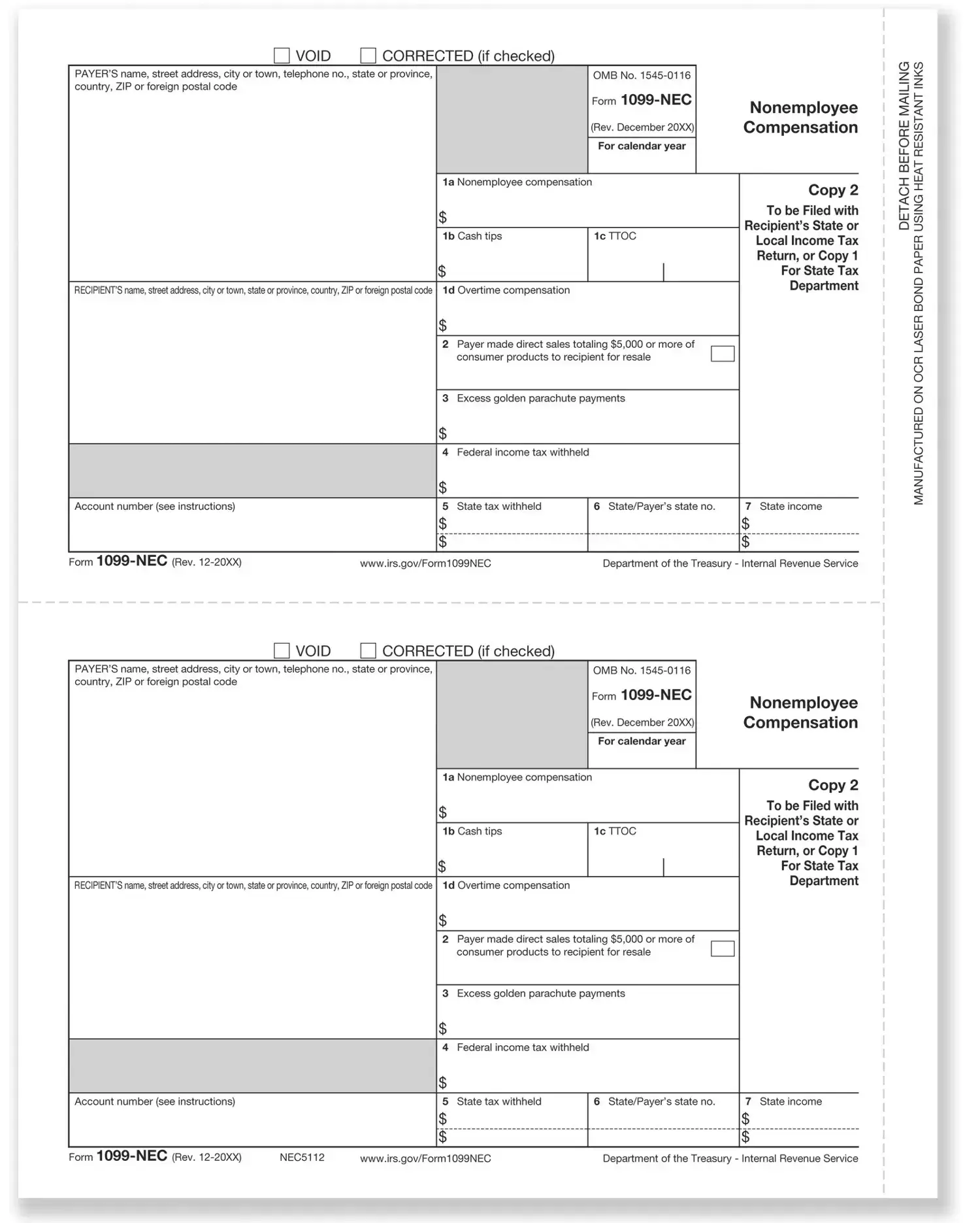 1099-NEC Copy C laser tax forms, 2-up format, for payer record or state filing, 8 1/2" x 11" sheet