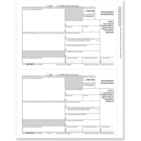 1099-NEC Copy C laser tax forms, 2-up format, for payer record or state filing, 8 1/2" x 11" sheet