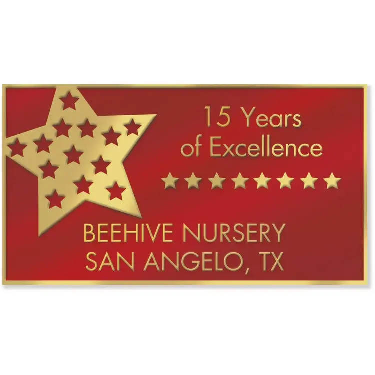 Rectangular company anniversary label with foil-like accents in digital format