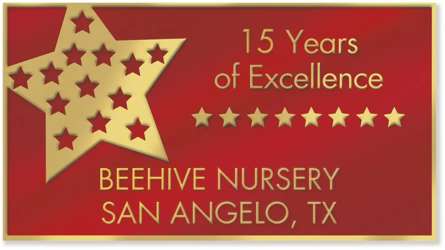Rectangular company anniversary label with foil-like accents in digital format
