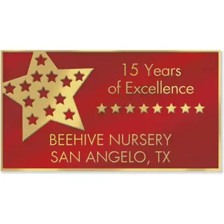 Rectangular company anniversary label with foil-like accents in digital format